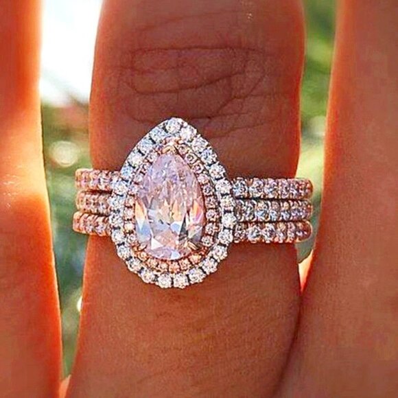 Solid Gold Three Stone Oval Cut Lab Grown Pink Sapphire  🔥Water Drop Three Layers Pink Stone Ring For Girls/Women, F070
